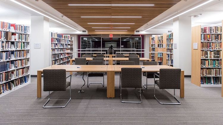 First come, first served seating includes lighted study tables and comfortable lounge chairs nestled around newly exposed windows. A printer-copier is conveniently located next to the Graduate Student Enclave in the northwest corner. If you’re looking for a quiet place to study, the tower floors are an excellent option.