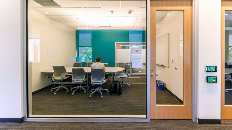 Group study rooms are located in the northwest corner of the Collaboration Hub and along the east wall of the Technology Commons. These rooms seat 4 to 7 people, depending on the room. They include a whiteboard and are a great spot for collaborative work. Note: Rooms 234, 255, and 256 are equipped with a display monitor and HDMI connection.