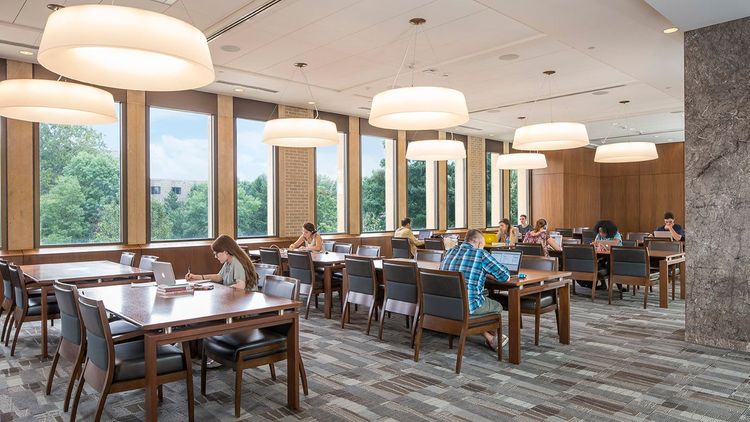 Located on the north end of the 2nd Floor, the Reading Room features rows of study tables, along a wall of windows that floods the space with natural light. If you’re looking for a quiet place to study, the North Reading Room is a perfect choice.