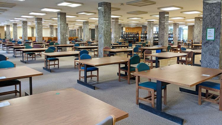 Located in the southwest section on the 2nd Floor, this unrenovated study space currently features over 200 seats including study tables and individual study cubbies if you prefer to work alone.
