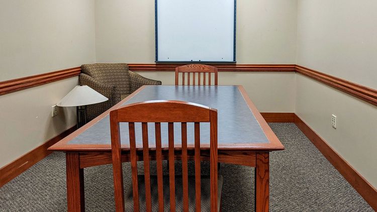 B001D is located next to the Lower Level restrooms and B001B is on the opposite end of the open study area. These study rooms seat 6 people and include a whiteboard.